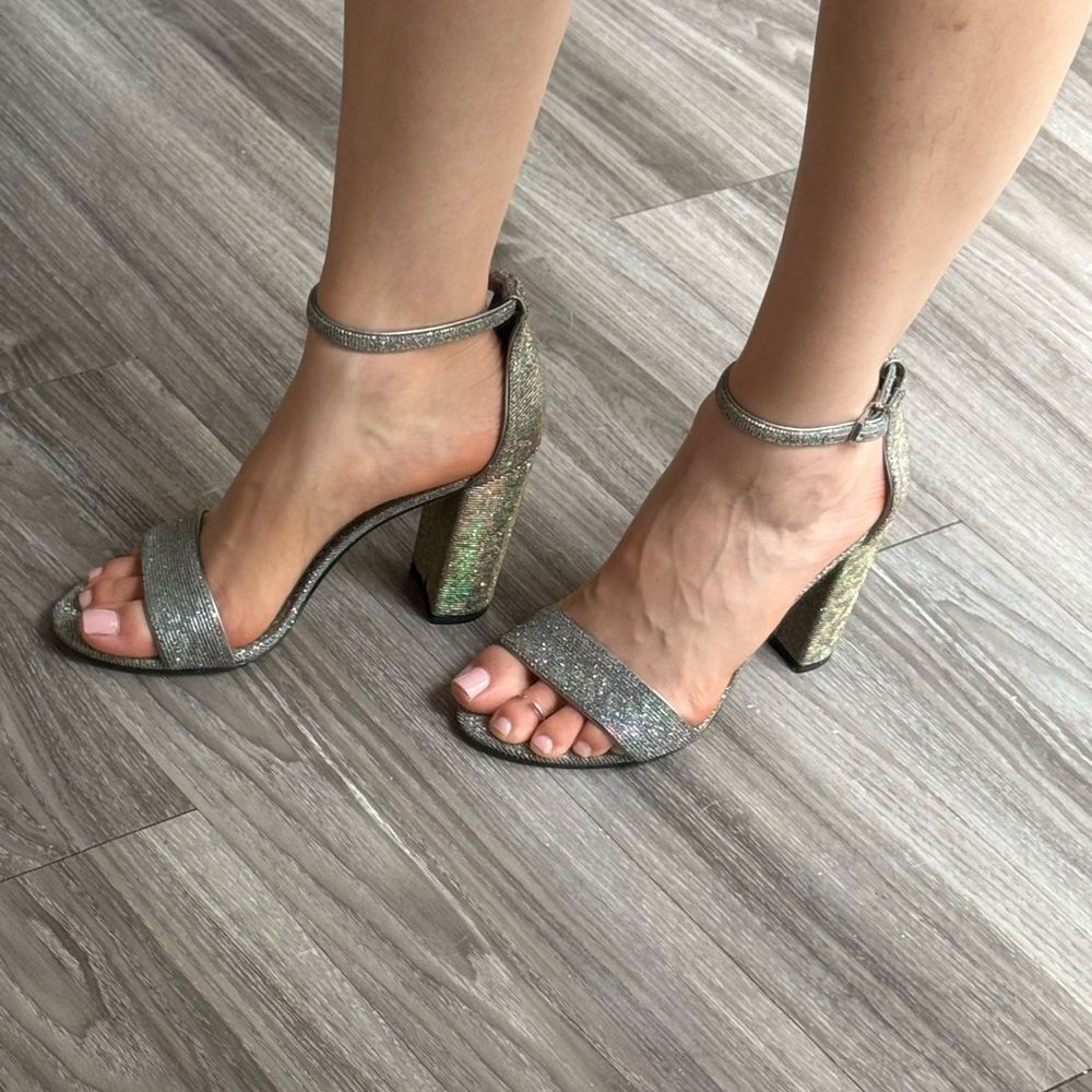 Sam Edelman Yaro glitter silver Ankle Strap Sandal Heels 7 Metallic